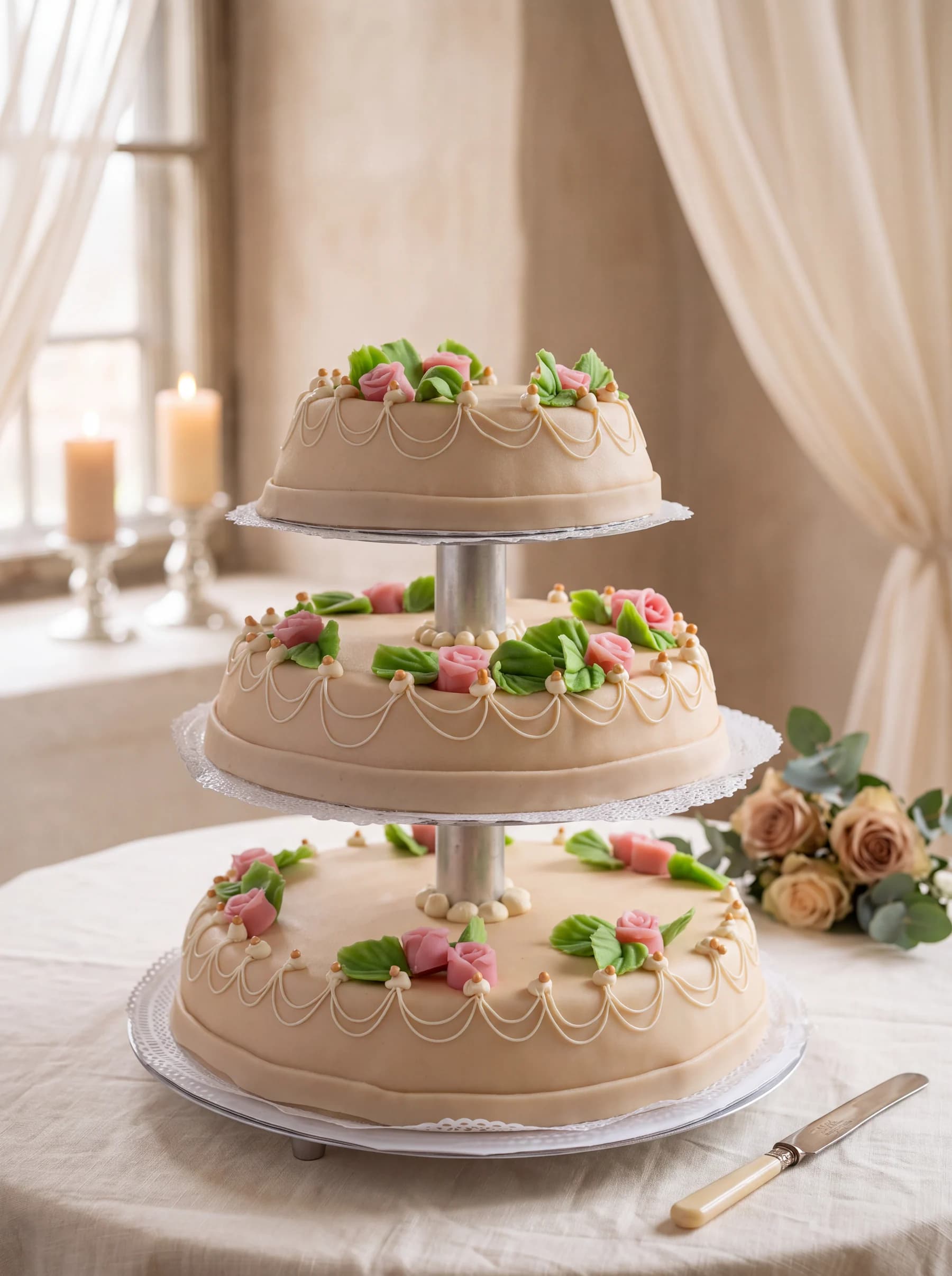Klassieke bruidstaart op een etagère, met roze rozen en fijn spuitwerk
