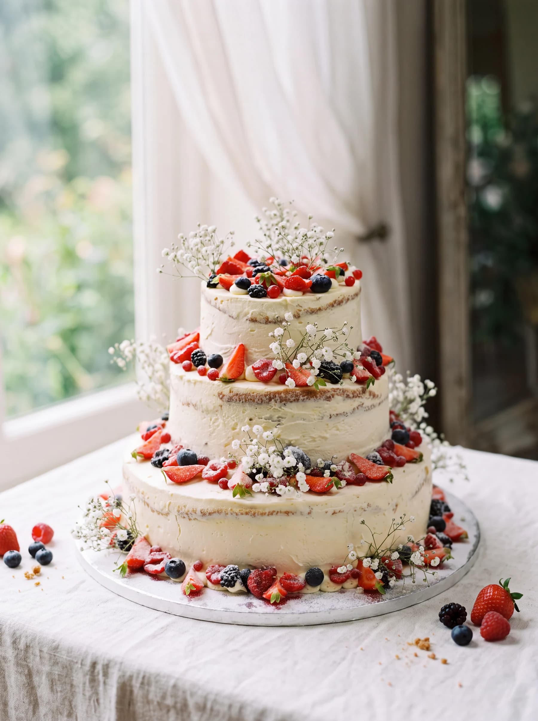 Naked bruidstaart met zichtbare laagjes, rood fruit en fijne witte bloemen