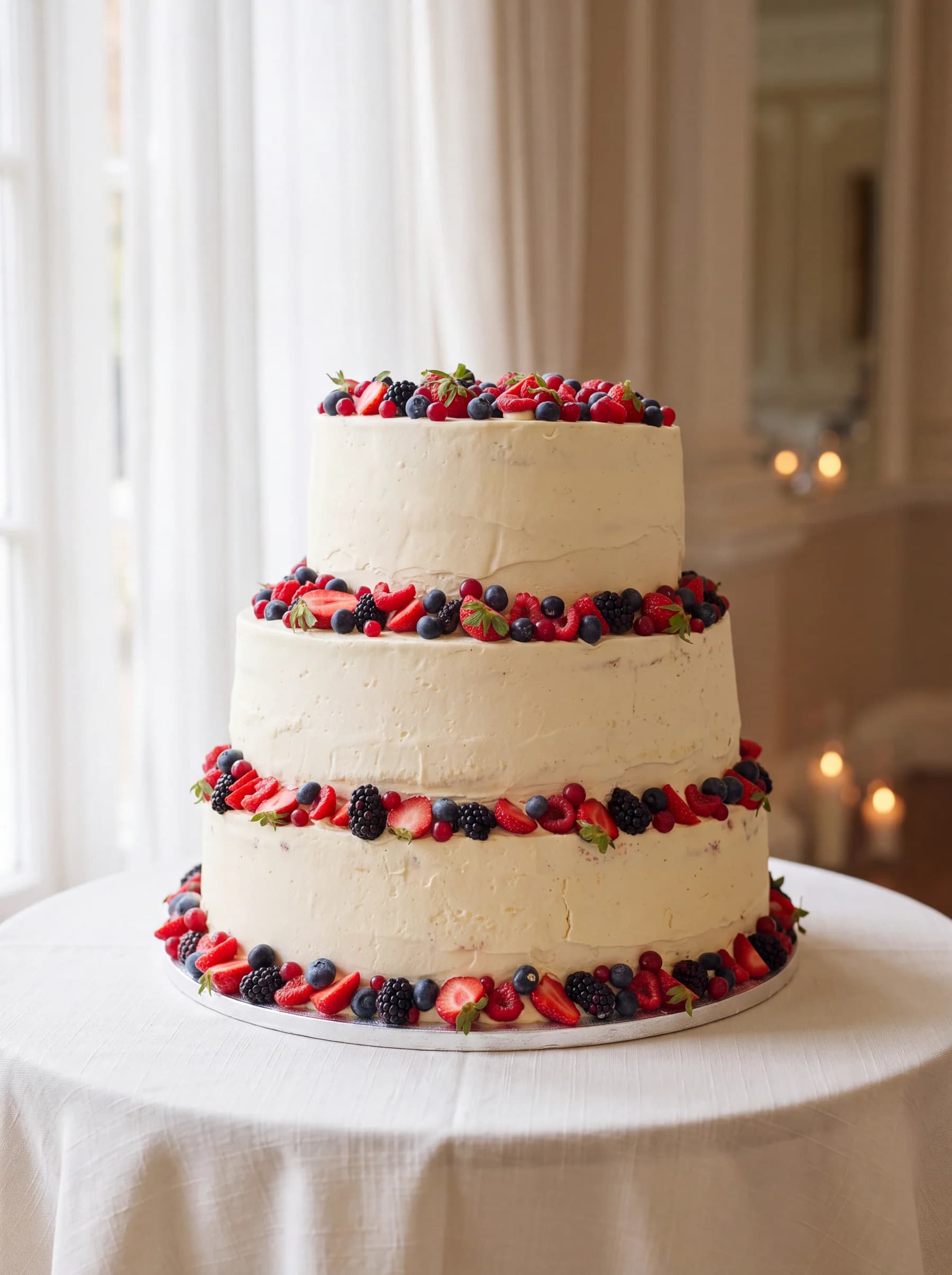 Dichtgesmeerde naked taart met drie extra hoge etages en vers rood fruit