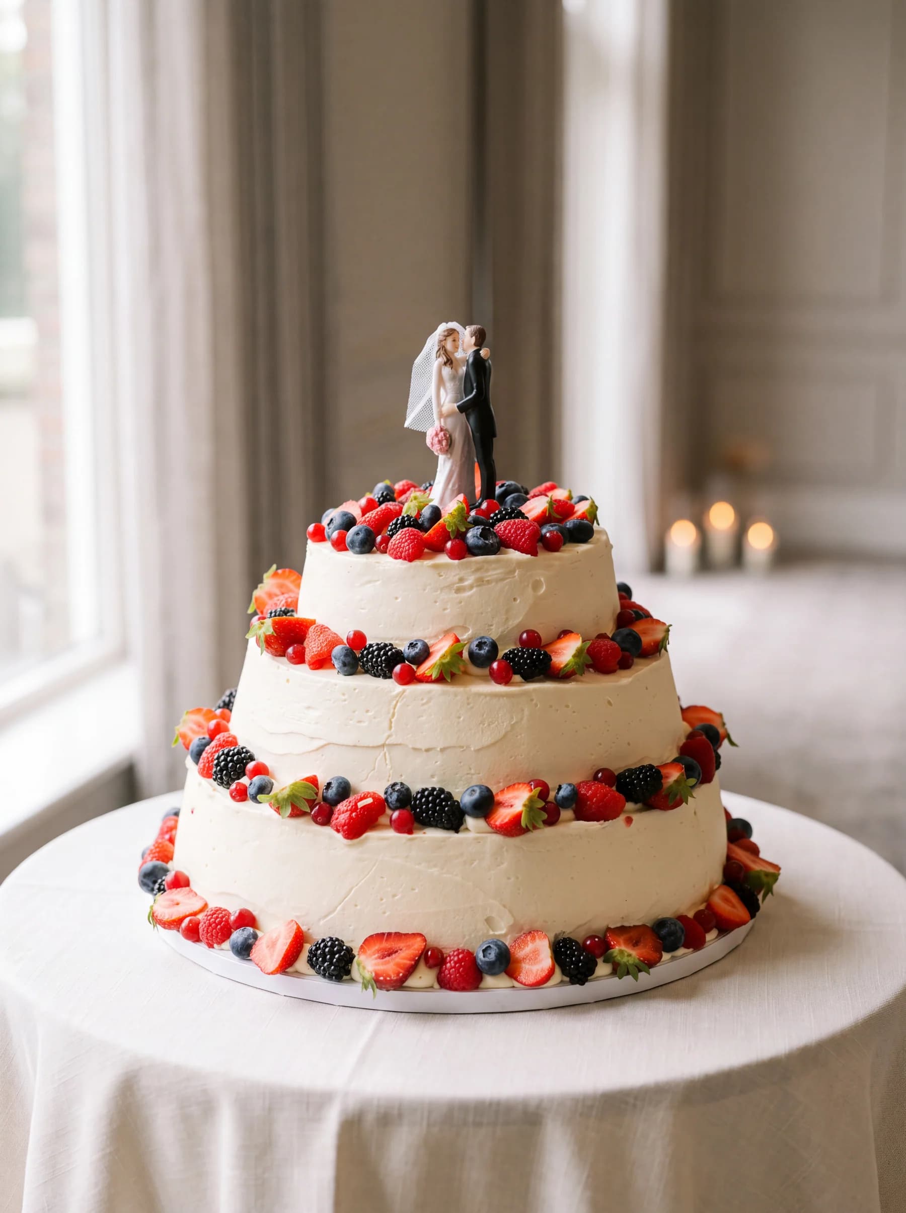Dichtgesmeerde naked taart met drie etages, vers rood fruit en een bruidspaar bovenop