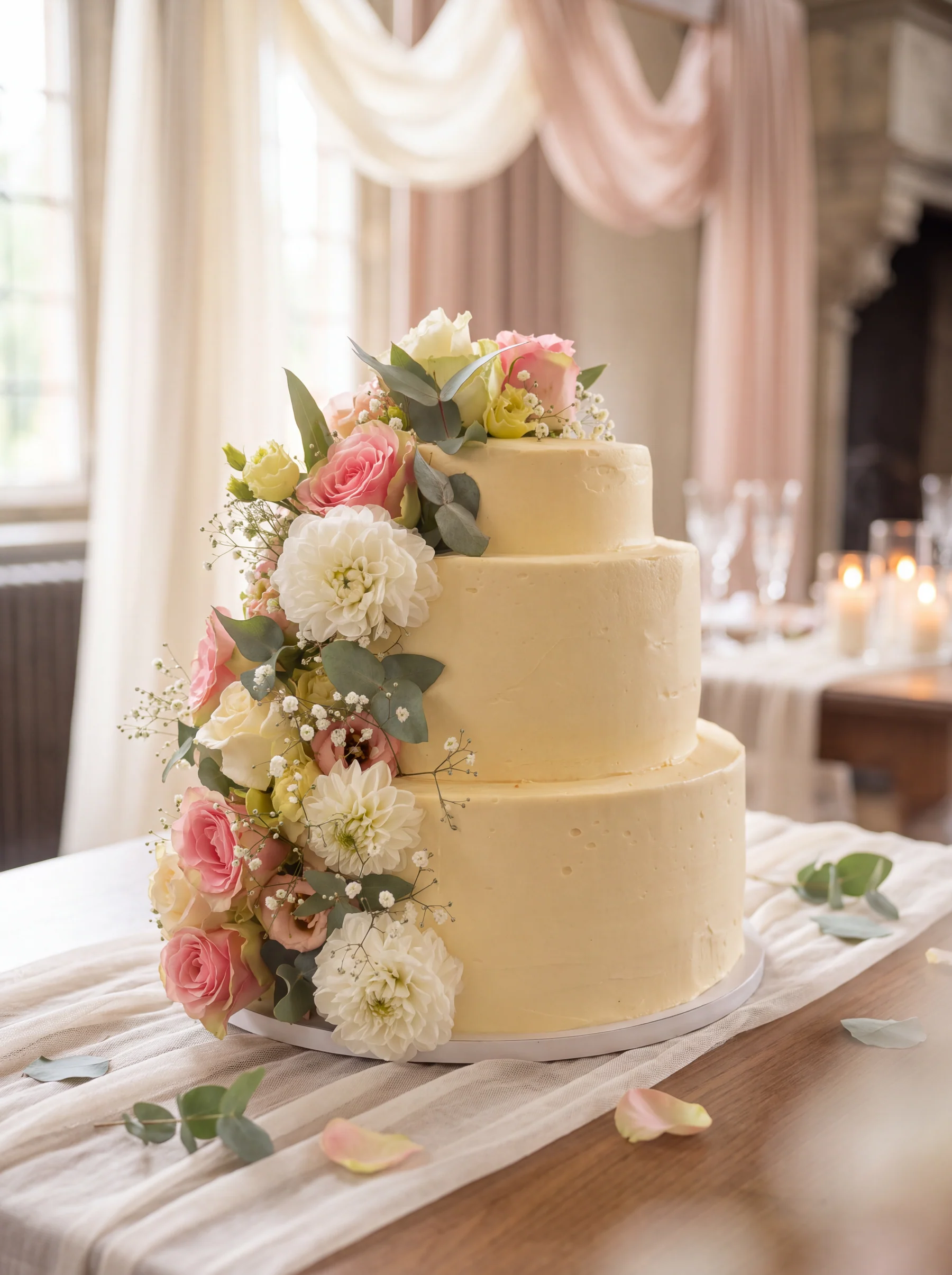 Romantische bruidstaart met crème, roze en witte bloemen, in warm daglicht